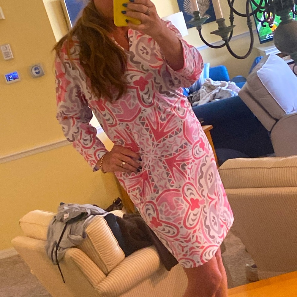 Pink and Gray 3/4 Sleeve Midi Dress with Collar